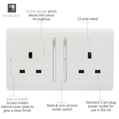 Trendi 2 Gang Raised Artistic Modern Screwless 13 Amp Single Pole with Chrome Switched UK Standard Electrical Double Wall Plug Socket in Matt White - ART-SKT213LMWH