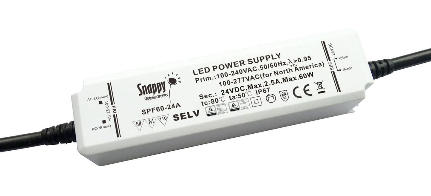 Snappy SPF, 60W, CV & CC Non-Dimmable PC LED Driver, 24VDC, IP65, 30cm Prewired Cable, 5 yrs Warranty