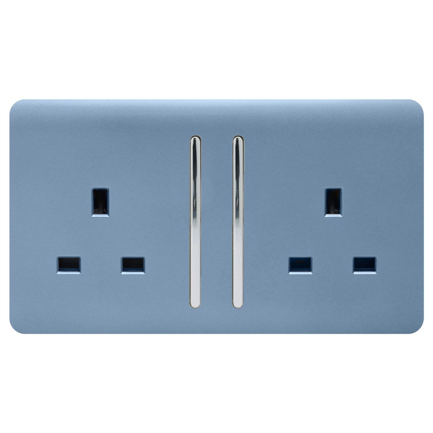 Trendi 2 Gang Raised Artistic Modern Glossy Screwless 13 Amp Single Pole with Chrome Switched UK Standard Electrical Double Wall Plug Socket in Sky Blue - ART-SKT213LSK