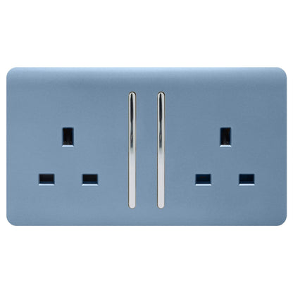Trendi 2 Gang Raised Artistic Modern Glossy Screwless 13 Amp Single Pole with Chrome Switched UK Standard Electrical Double Wall Plug Socket in Sky Blue - ART-SKT213LSK