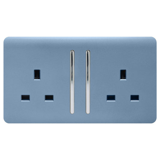Trendi 2 Gang Raised Artistic Modern Glossy Screwless 13 Amp Single Pole with Chrome Switched UK Standard Electrical Double Wall Plug Socket in Sky Blue - ART-SKT213LSK