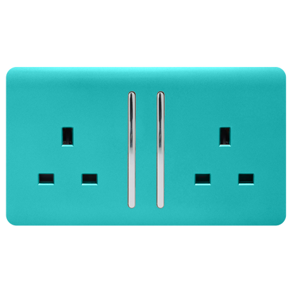 Trendi 2 Gang Artistic Modern Glossy 13 Amp Switched Tactile Plug Socket Bright Teal (5 Pack)