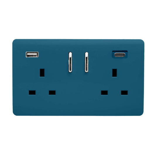 Trendi 2 Gang Artistic Modern Glossy 13 Amp 2 x Type A & C 3100 mA USB Switched Plug Socket Ocean Blue