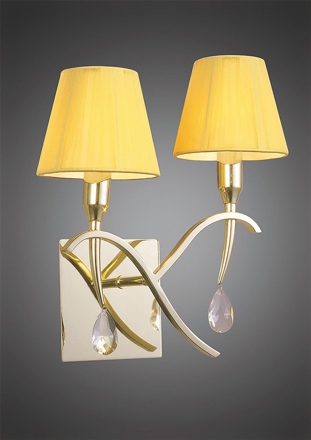 Mantra Siena Wall Light Switched 2 Light E14, Polished Brass with Amber Cream Shades and Clear Crystal