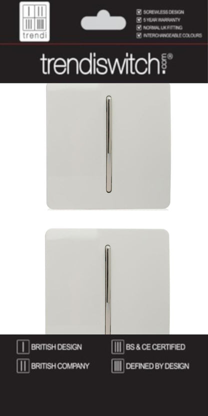 Trendi 1 Gang 2 Way 240V Screwless Artistic Modern Glossy 10 Amp Chrome Rocker Single Electrical Wall Light Switch in Ice White (2 pack)