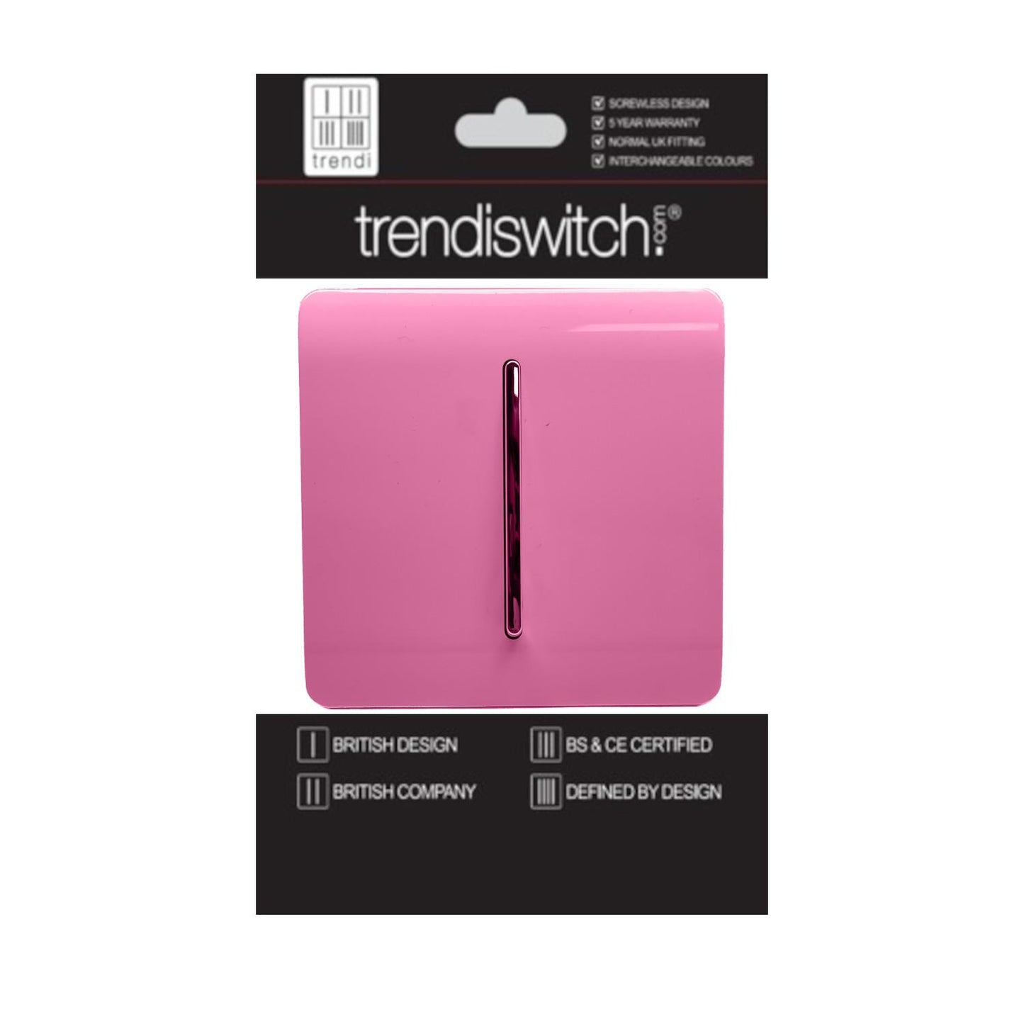 Trendi 1 Gang 2 Way 240V Screwless Artistic Modern Glossy 10 Amp Chrome Rocker Electrical Wall Light Switch in Candy Pink (5 pack)