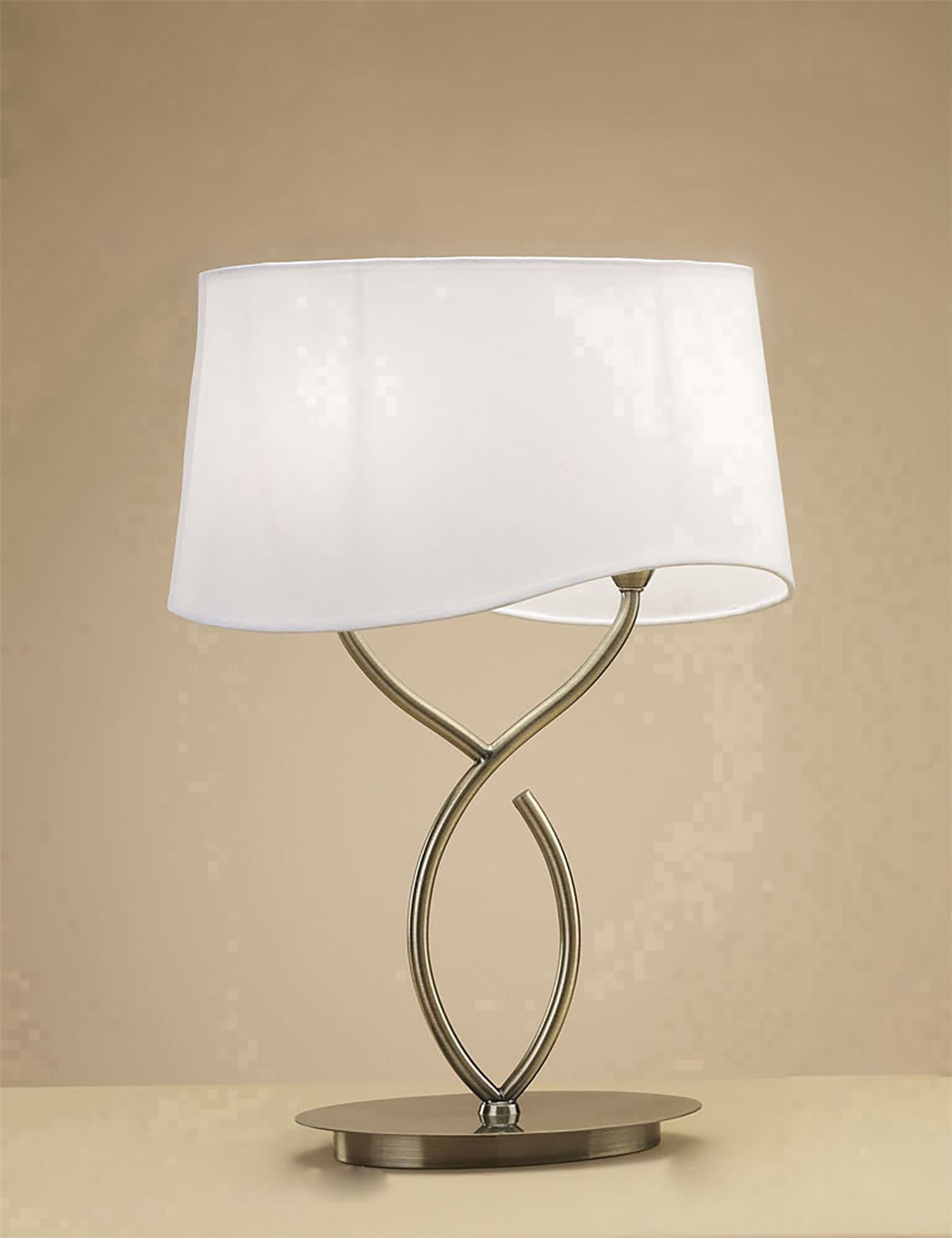 Mantra Ninette Table Lamp 2 Light E14 Large, Antique Brass with Ivory White Shade