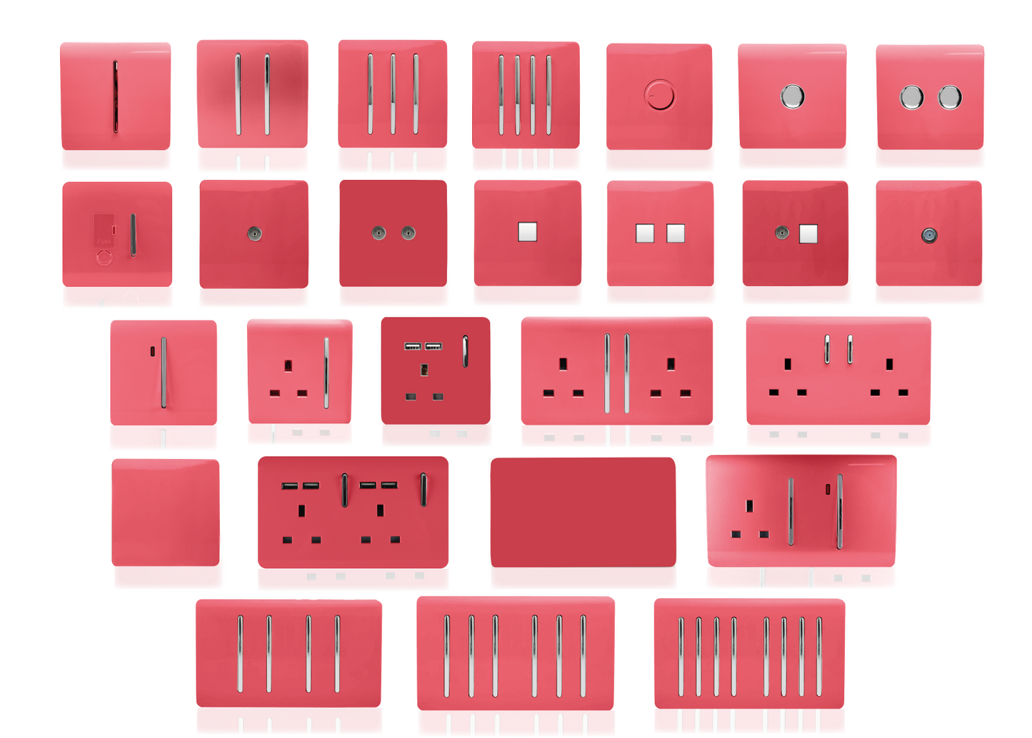 Trendi 2 Gang Artistic Modern Glossy 13 Amp Switched Tactile Plug Socket Strawberry (5 Pack)