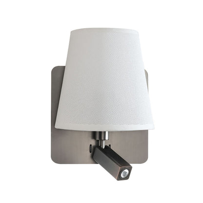 Mantra M5232 Bahia Wall Light with Large Back Plate 1 Light E27 + Reading Light 3W LED with White Shade Satin Nickel 4000K, 200lm,, 3yrs Warranty