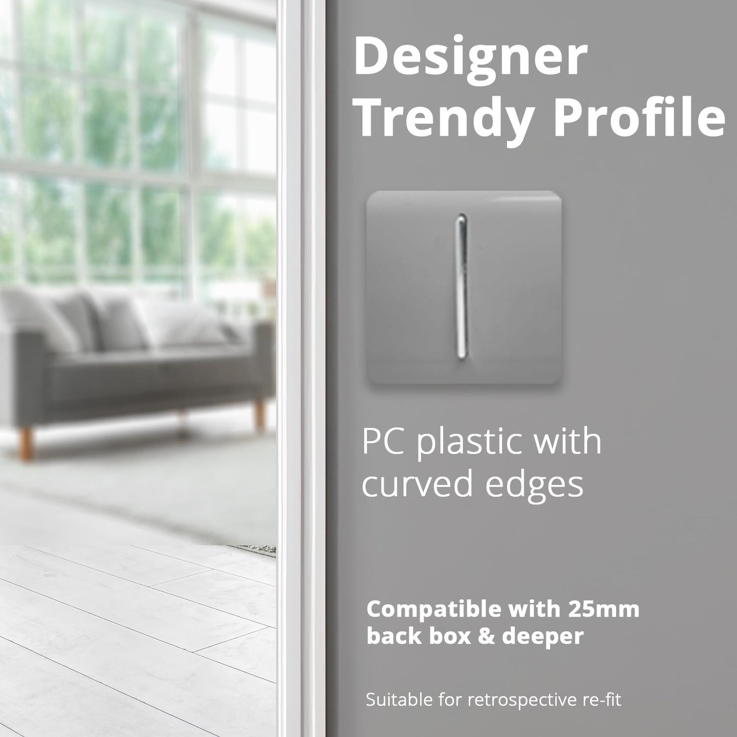 Trendi 1 Gang 2 Way 240V Screwless Raised Front Plate Plastic Artistic Modern Glossy 10 Amp Chrome Rocker Single Electrical Wall Light Switch in Light Grey