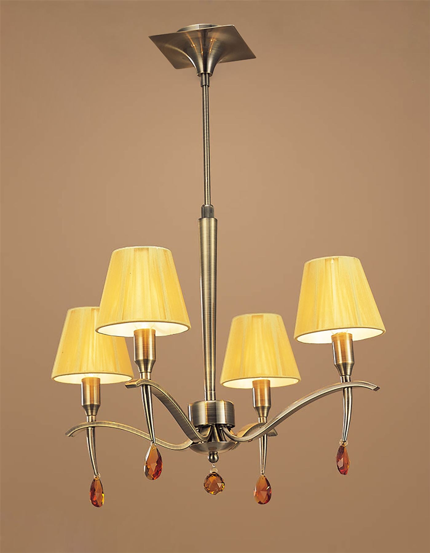 Mantra Siena 55cm Pendant Round 4 Light E14, Antique Brass with Amber Cream Shades and Amber Crystal