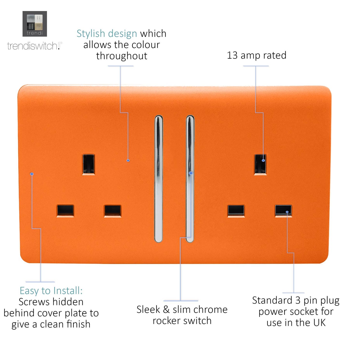 Trendi 2 Gang Artistic Modern Glossy 13 Amp Switched Plug Socket Orange (7 Pack)