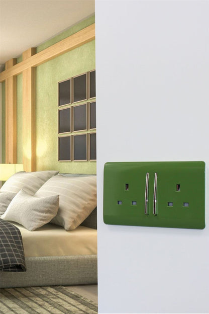 Trendi 2 Gang Raised Artistic Modern Glossy Screwless 13 Amp Single Pole with Chrome Switched UK Standard Electrical Double Wall Plug Socket in Moss Green - ART-SKT213LMG