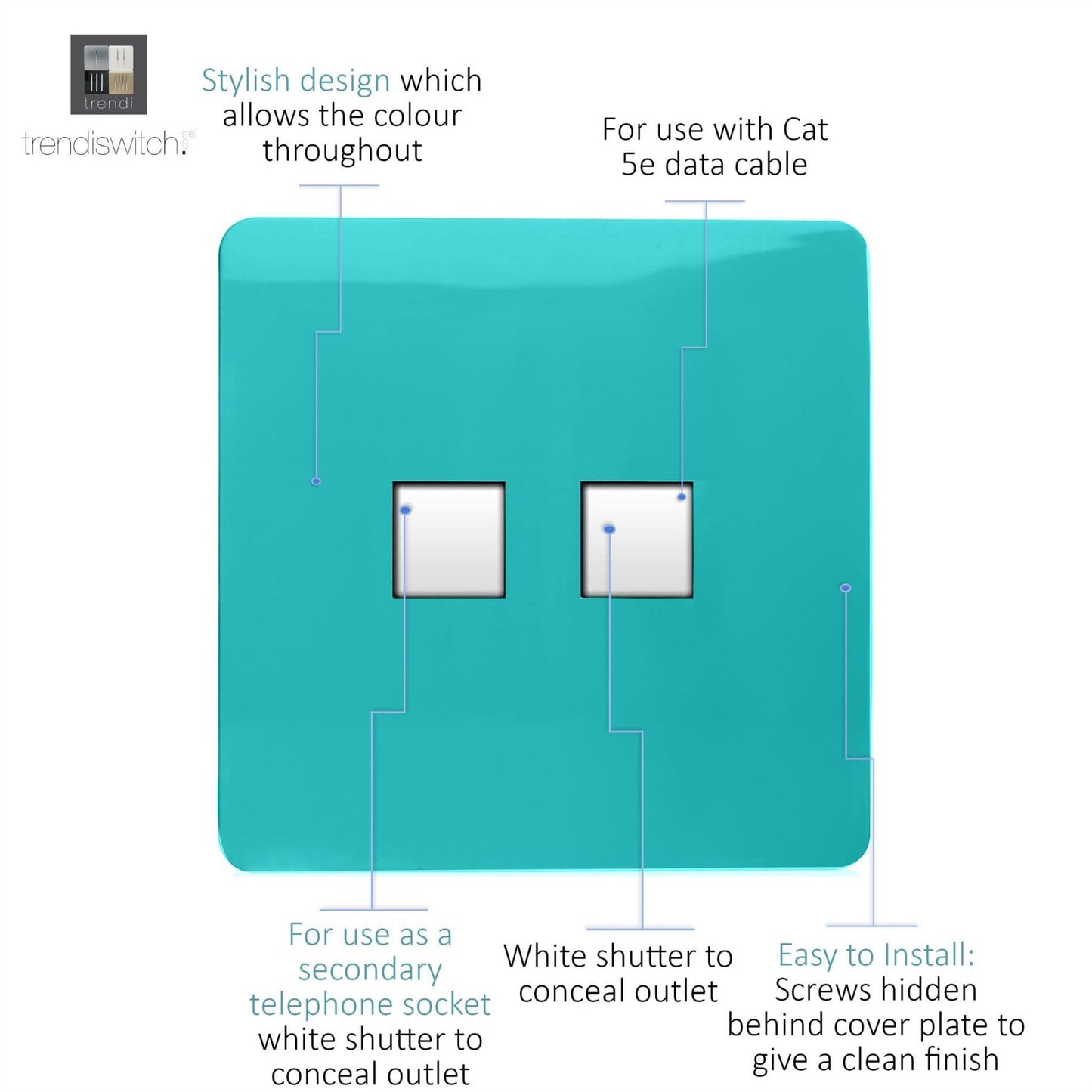 Trendi Artistic Modern Glossy Tactile Telephone Socket + Cat 5e&Cat 6 RJ45 PC Socket Bright Teal