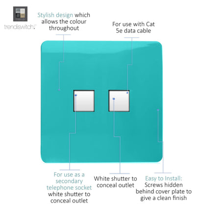Trendi Artistic Modern Glossy Tactile Telephone Socket + Cat 5e&Cat 6 RJ45 PC Socket Bright Teal