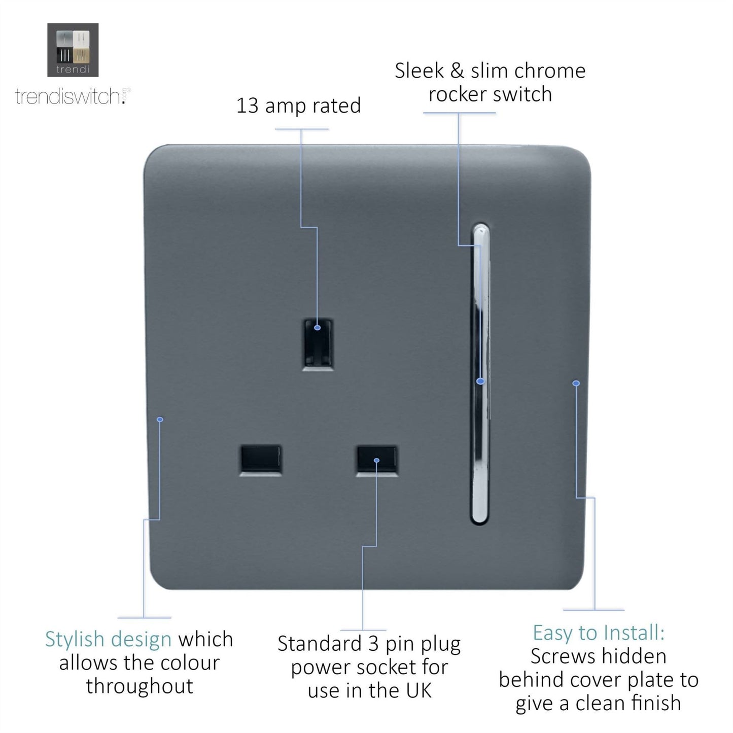 Trendi 1 Gang Artistic Modern Glossy 13 Amp Switched Tactile Plug Socket Warm Grey