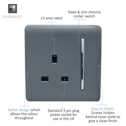 Trendi 1 Gang Artistic Modern Glossy 13 Amp Switched Tactile Plug Socket Warm Grey