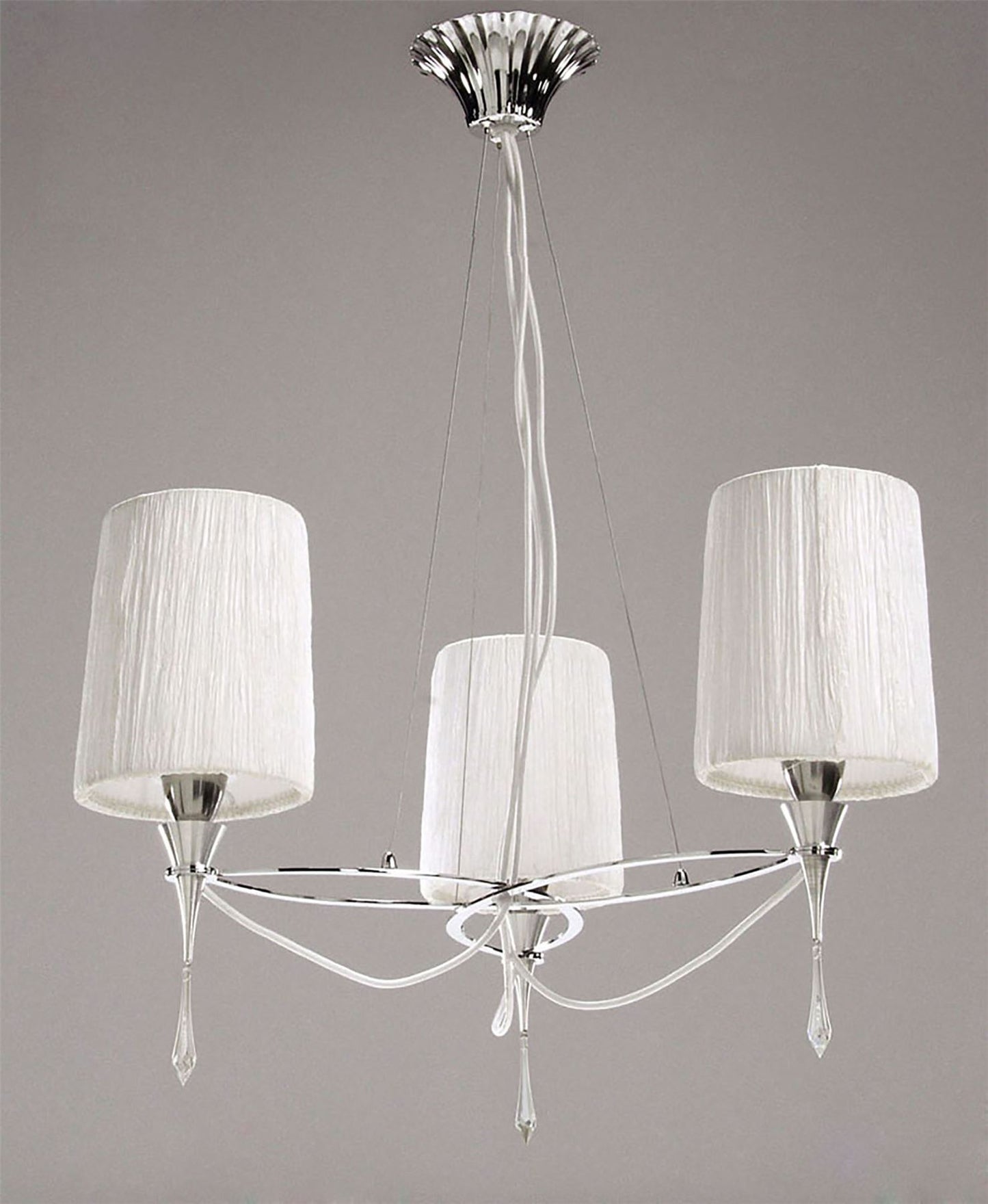 Mantra Lucca 65cm Pendant 3 Light E27, Polished Chrome with White Shades & Clear Crystal