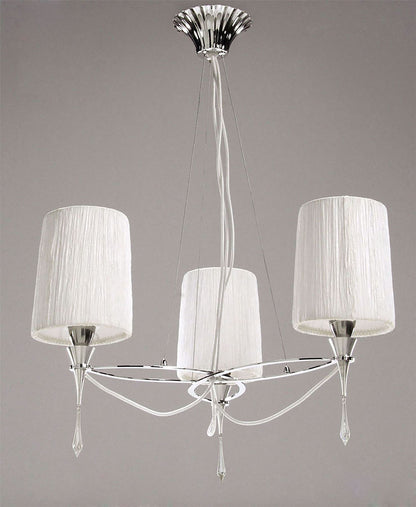 Mantra Lucca 65cm Pendant 3 Light E27, Polished Chrome with White Shades & Clear Crystal