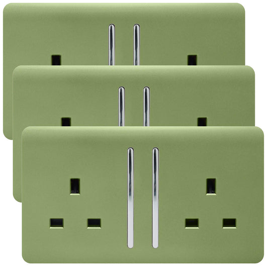 Trendi 2 Gang Artistic Modern Glossy 13 Amp Switched  Plug Socket Moss Green (3 Pack)