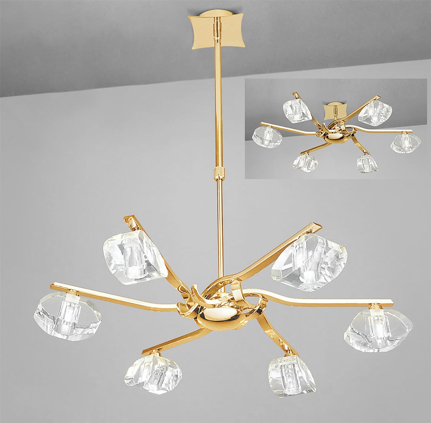 Mantra Alfa 63cm Telescopic Convertible To Semi Flush 6 Light G9, French Gold