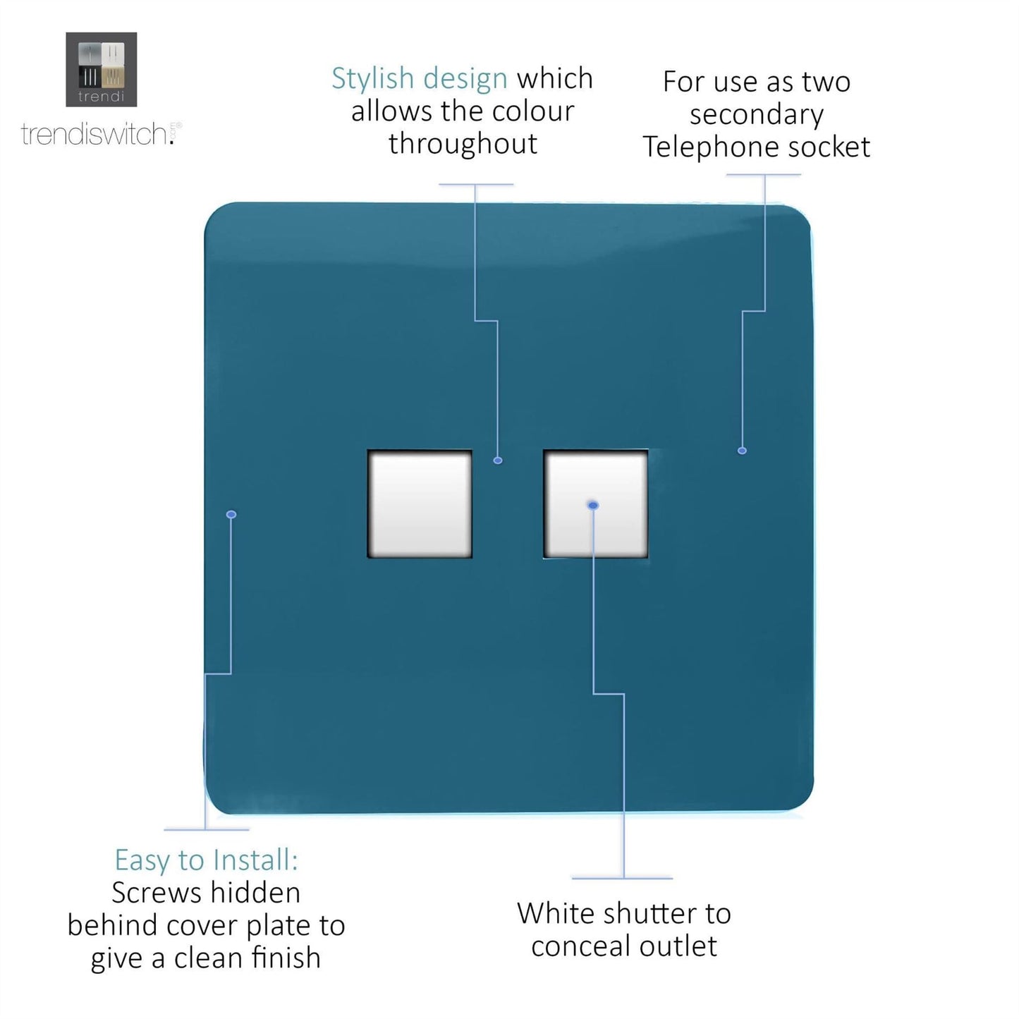 Trendi Artistic Modern Glossy Tactile 2 Gang Telephone Socket Ocean Blue