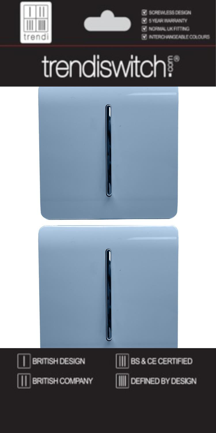 Trendi 1 Gang 2 Way 240V Screwless Artistic Modern Glossy 10 Amp Chrome Rocker Electrical Wall Light Switch in Sky Blue (2 pack)