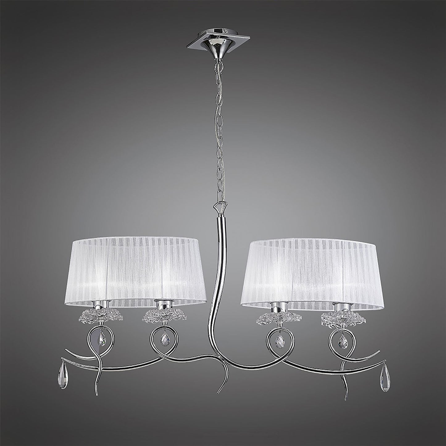 Mantra M5272 Louise Linear Pendant 2 Arm 4 Light E27 with White Oval Shades Polished Chrome/Clear Crystal