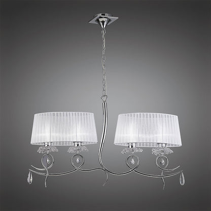 Mantra M5272 Louise Linear Pendant 2 Arm 4 Light E27 with White Oval Shades Polished Chrome/Clear Crystal