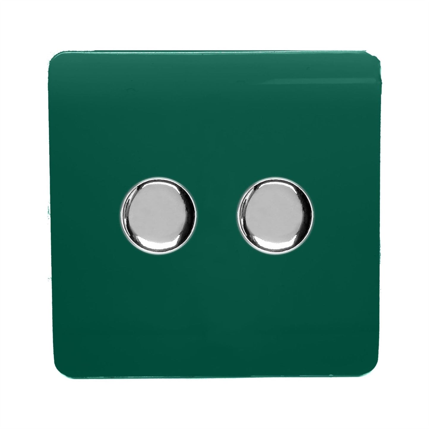 Trendi 2 Gang 2 Way 240V 100w LED Dimmer Screwless Raised Front Plate Plastic Artistic Modern Glossy 10 Amp Chrome Single Electrical Wall Light Switch in Dark Forest Green - ART-2LDMDG