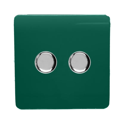 Trendi 2 Gang 2 Way 240V 100w LED Dimmer Screwless Raised Front Plate Plastic Artistic Modern Glossy 10 Amp Chrome Single Electrical Wall Light Switch in Dark Forest Green - ART-2LDMDG
