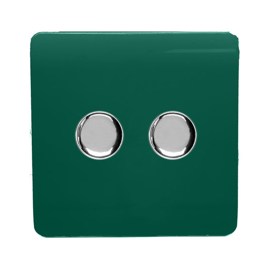 Trendi 2 Gang 2 Way 240V 100w LED Dimmer Screwless Raised Front Plate Plastic Artistic Modern Glossy 10 Amp Chrome Single Electrical Wall Light Switch in Dark Forest Green - ART-2LDMDG