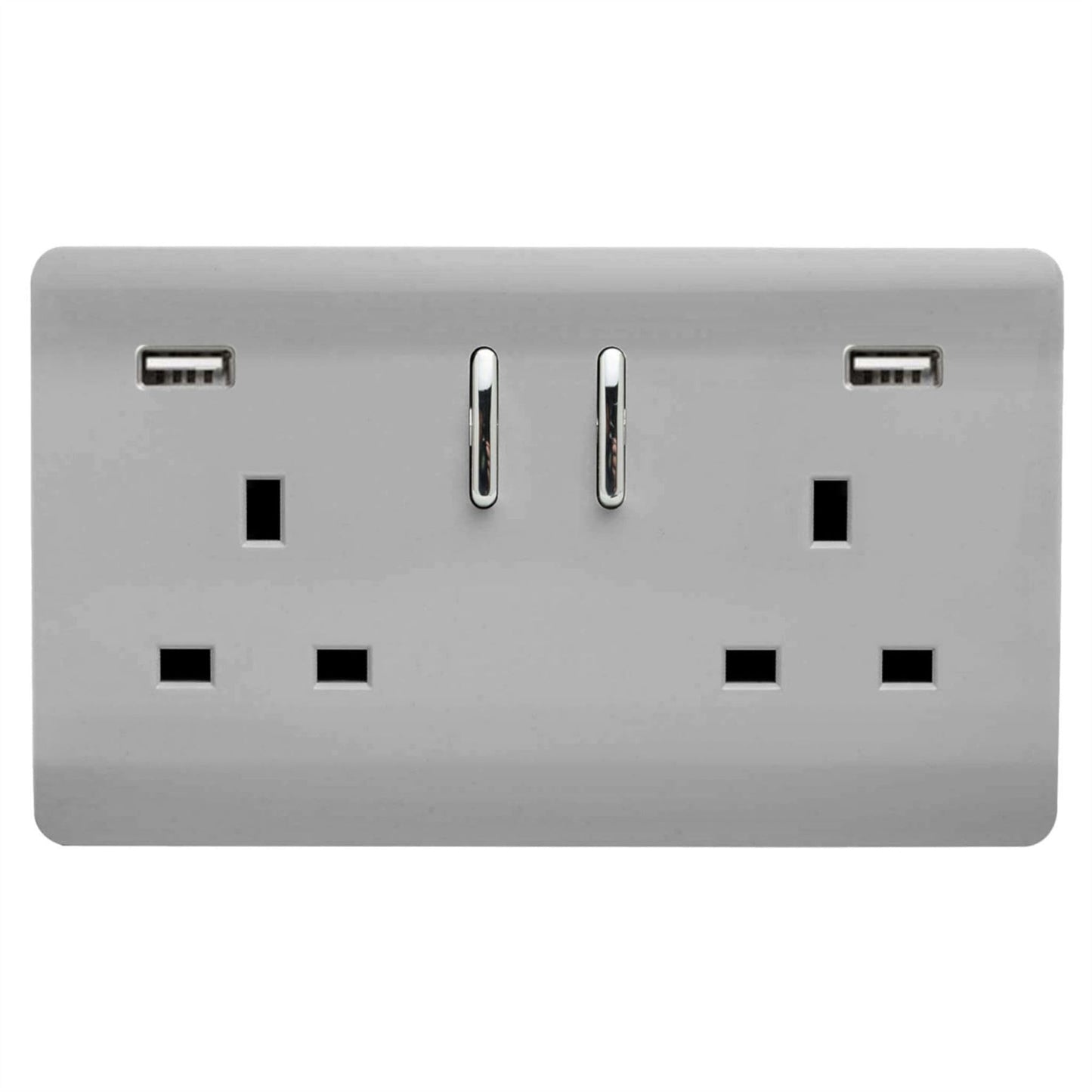 Trendi 2 Gang Artistic Modern Glossy 13 Amp 2 x 3.1mA USB Switched Plug Socket Steel