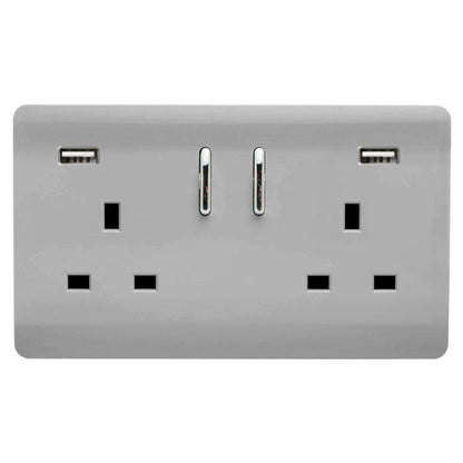 Trendi 2 Gang Artistic Modern Glossy 13 Amp 2 x 3.1mA USB Switched Plug Socket Steel
