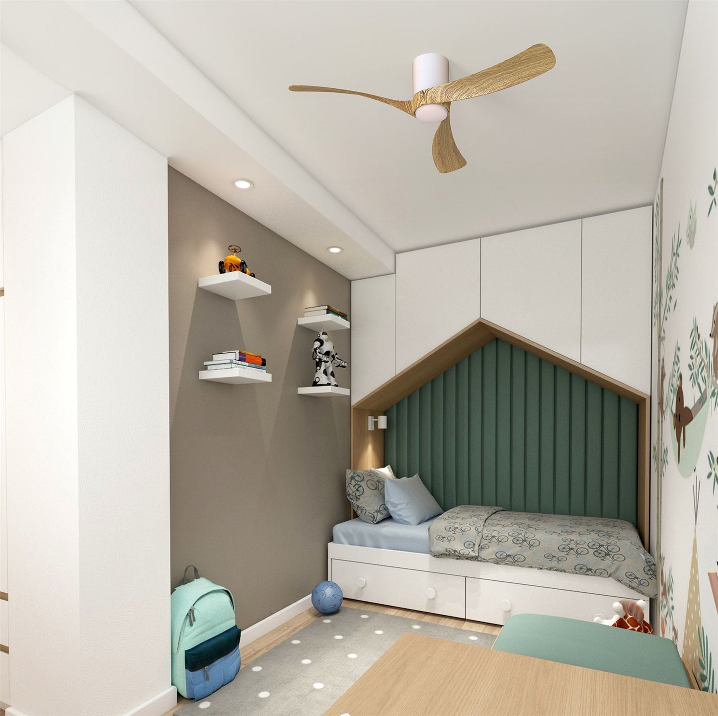 Nemo II M 1.2m 19W LED Dimmable Ceiling Light With Built-In 32W DC Fan, 3000-5000K Remote Control, 3800lm, Wood/White, 5yrs Warranty