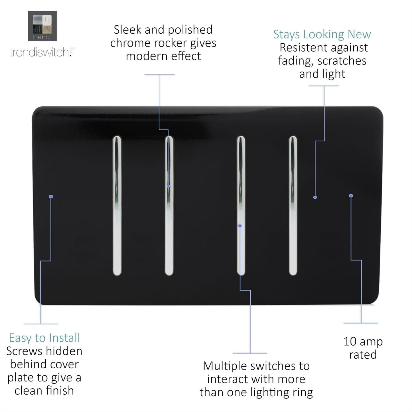 Trendi 4 Gang (2 Way & 2xIntermediate) Glossy 10 Amp Rocker Light Switch Piano Black