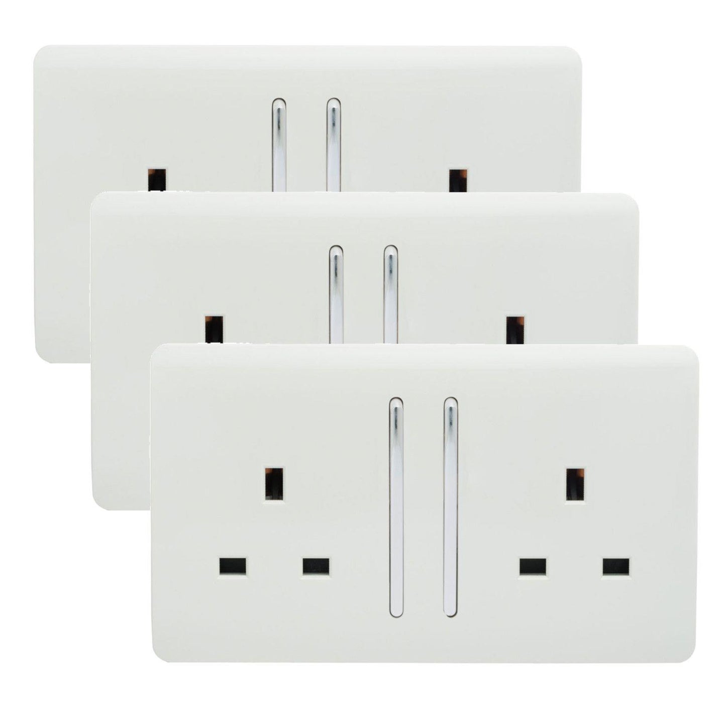 Trendi 2 Gang Artistic Modern Glossy 13 Amp Switched Tactile Plug Socket White (3 Pack)