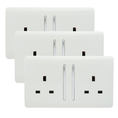 Trendi 2 Gang Artistic Modern Glossy 13 Amp Switched Tactile Plug Socket White (3 Pack)