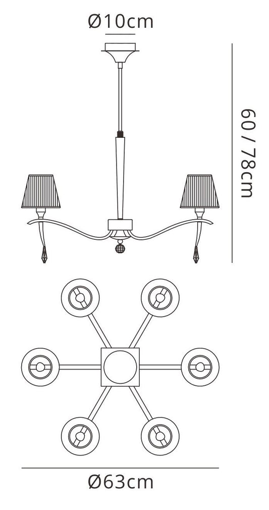 Mantra Siena 63cm Pendant Round 6 Light E14, Antique Brass with Amber Cream Shades and Amber Crystal