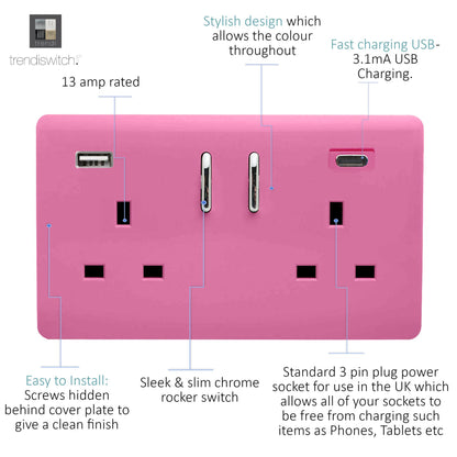 Trendi 2 Gang Artistic Modern Glossy 13 Amp 2 x Type A & C 3100mA USB Switched Plug Socket Candy Pink
