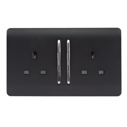 Trendi 2 Gang Artistic Modern Glossy 13 Amp Switched Plug Socket Matt Black (7 Pack)