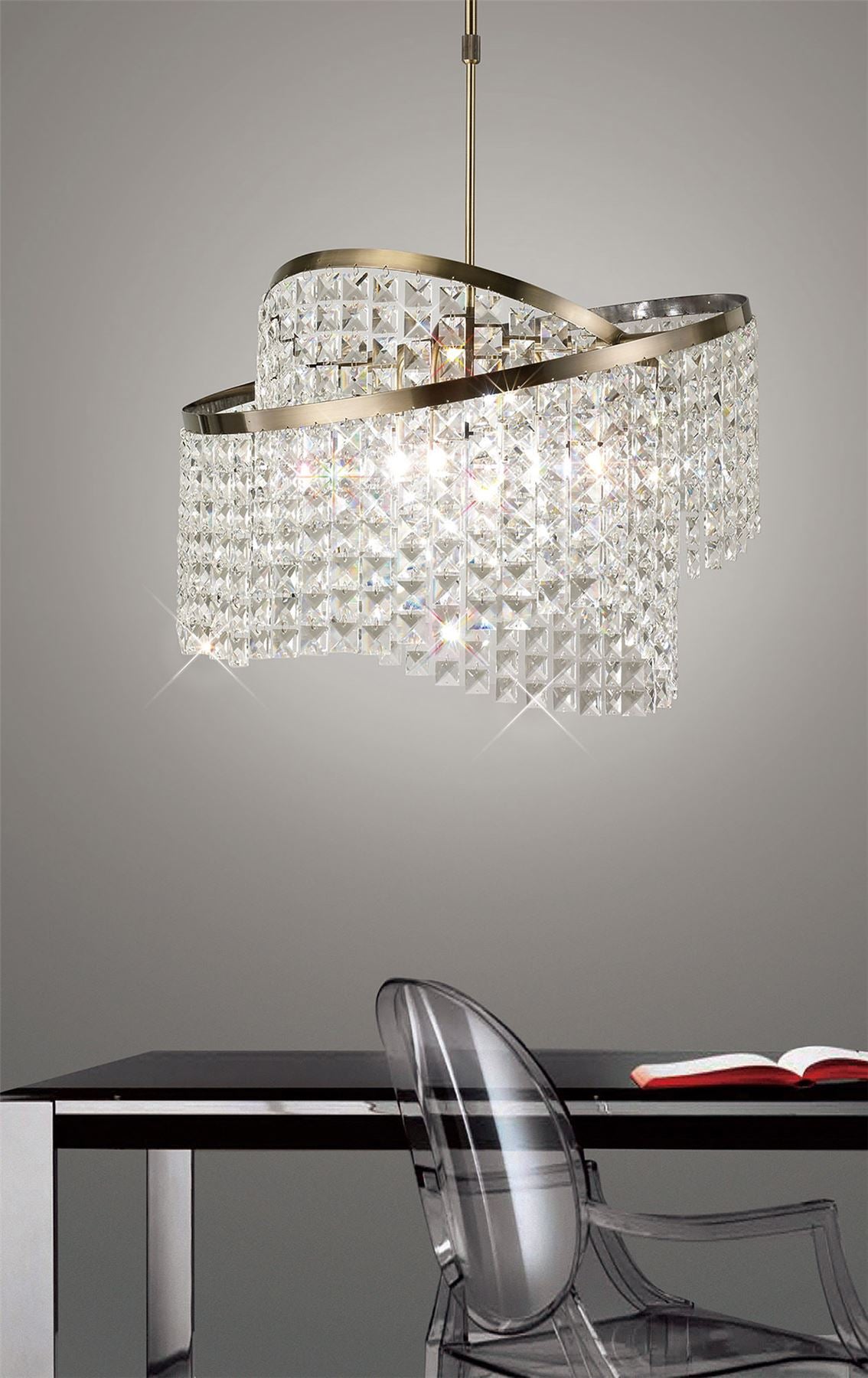 Diyas Cortina 58cm Telescopic  8 Light G9 with Adjustable Rings Antique Brass/Crystal Ceiling Pendant Light Fitting