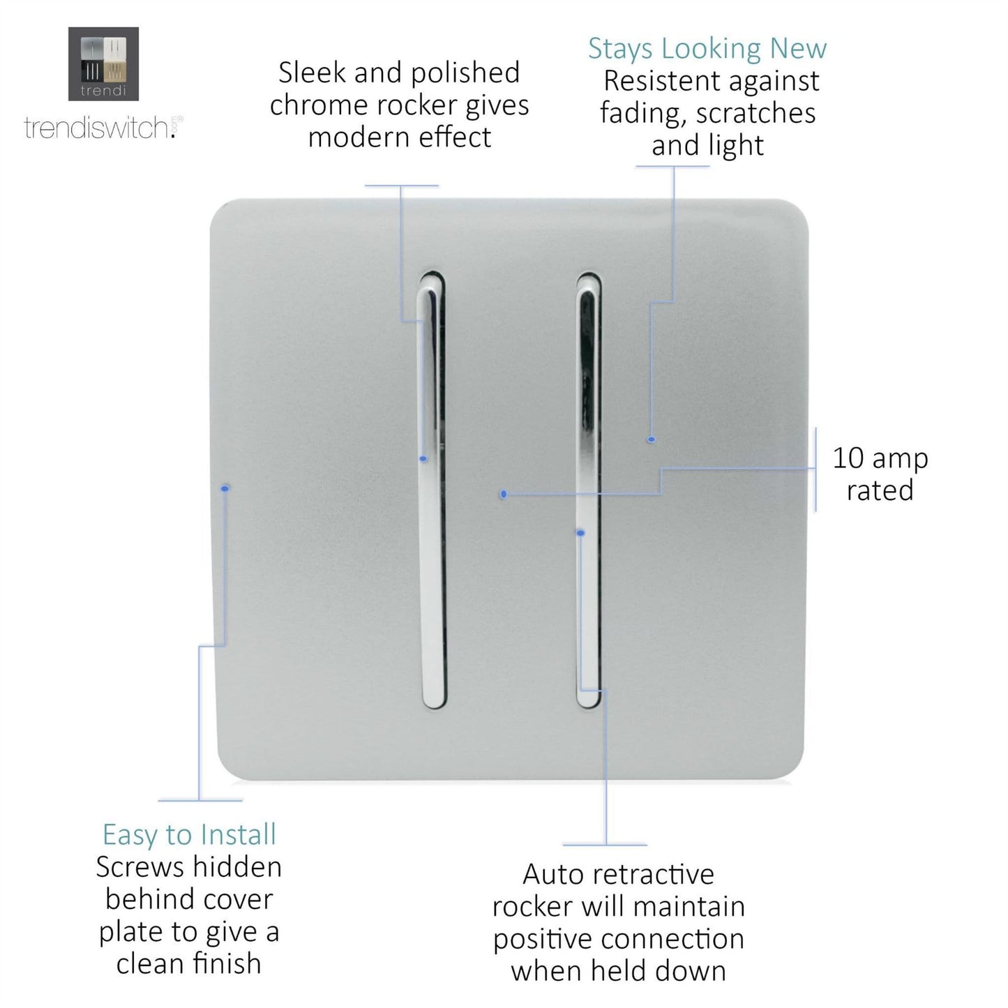 Trendi Artistic Modern Auto Retractive 2 Door Bell Switch Silver ART-2DBSI