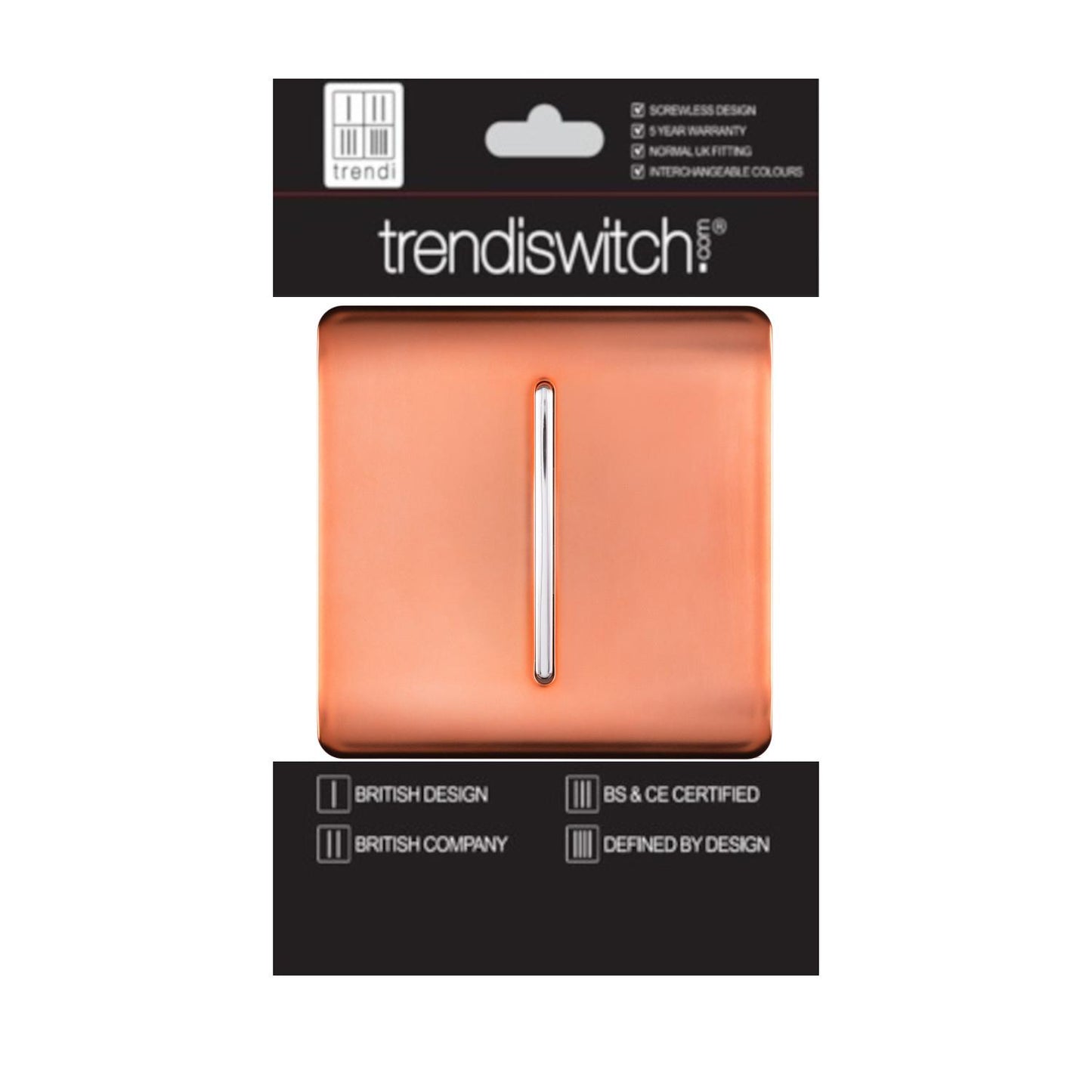 Trendi 1 Gang 2 Way 240V Screwless Artistic Modern Glossy 10 Amp Chrome Rocker Electrical Wall Light Switch in Copper (3 pack)