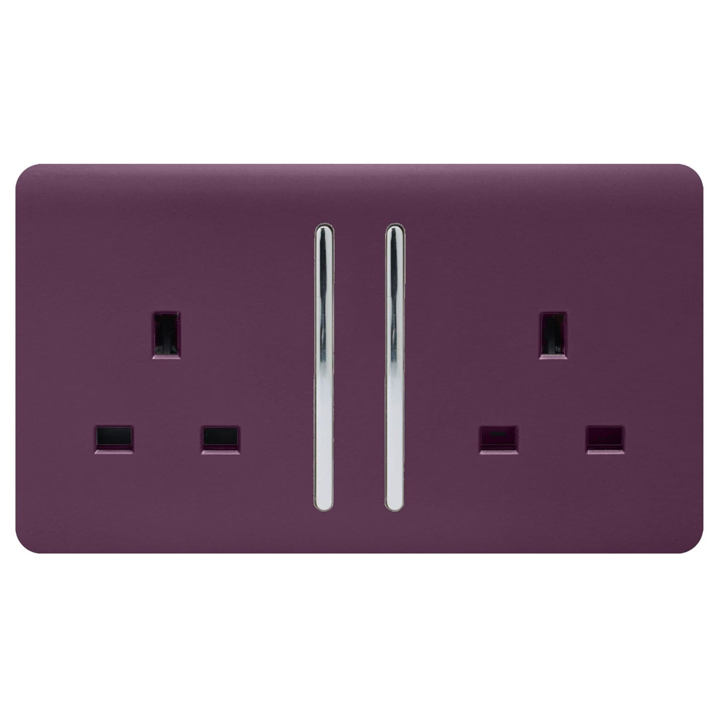 Trendi 2 Gang Raised Artistic Modern Glossy Screwless 13 Amp Single Pole with Chrome Switched UK Standard Electrical Double Wall Plug Socket in Plum Purple - ART-SKT213LPL