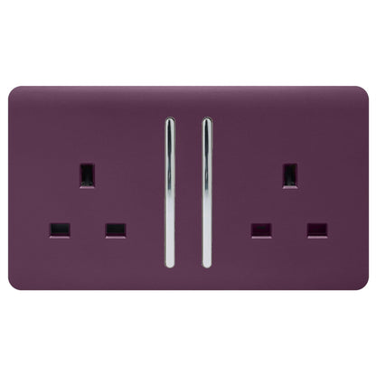 Trendi 2 Gang Raised Artistic Modern Glossy Screwless 13 Amp Single Pole with Chrome Switched UK Standard Electrical Double Wall Plug Socket in Plum Purple - ART-SKT213LPL