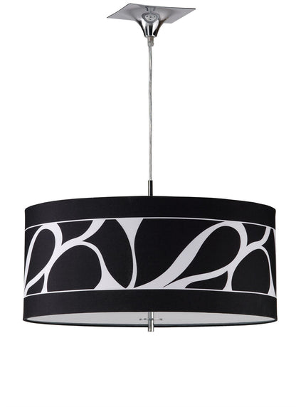 Mantra Manhattan 50cm Pendant Small 3 Light L1/SGU10, Polished Chrome/Frosted Glass with Black Patterned Shade, CFL Lamps INCLUDED