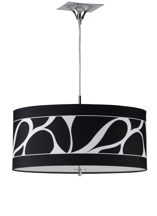 Mantra Manhattan 50cm Pendant Small 3 Light L1/SGU10, Polished Chrome/Frosted Glass with Black Patterned Shade, CFL Lamps INCLUDED