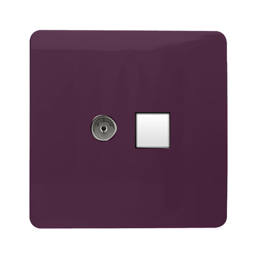 Trendi Switch 2 Gang Female TV Co-Axial & RJ45 Cat 6 Modern Designer PC Ethernet Sockets in Plum