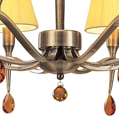Mantra Siena 63cm Semi Flush Round 6 Light E14, Antique Brass with Amber Cream Shades and Amber Crystal